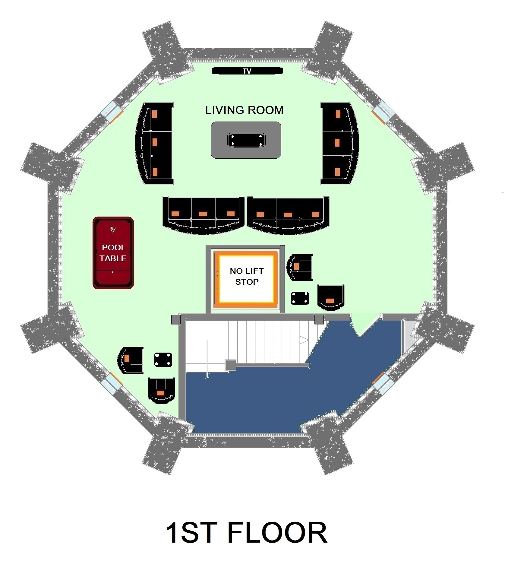 1st Floor - Living Area with Pool Table - No LIft Stop